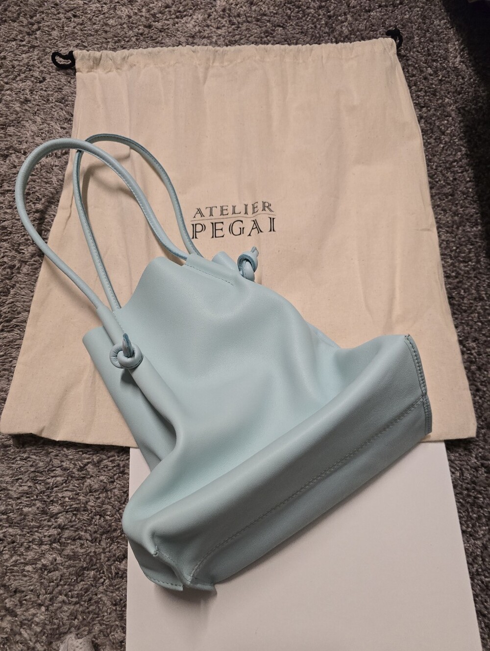 Light Blue Leather Drawstring Tote